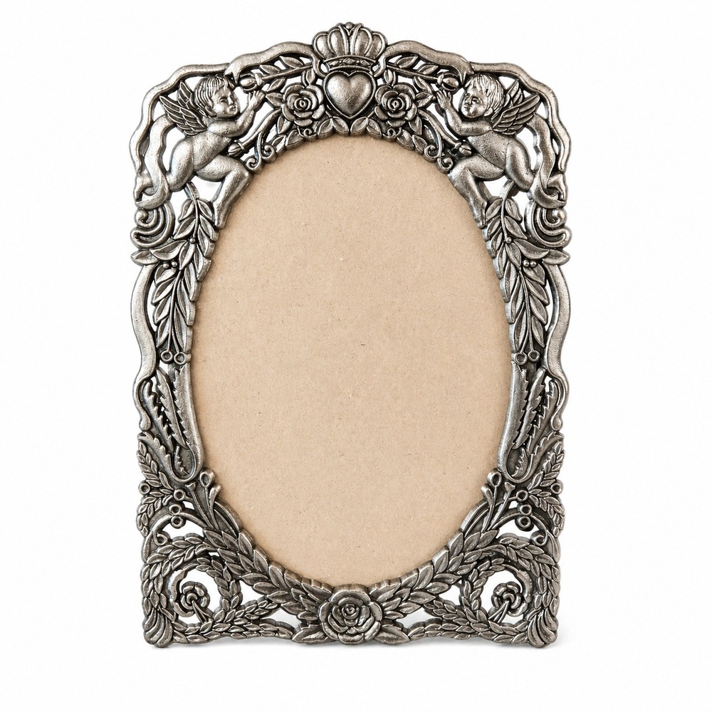 Vintage‎ Ornate Cherub Picture Frame Silver Tone Oval Floral Metal Wall Decor